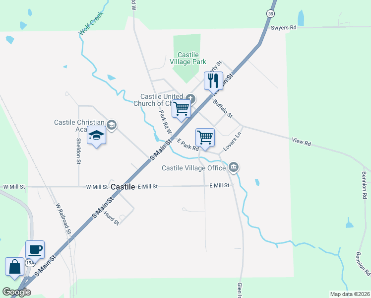 map of restaurants, bars, coffee shops, grocery stores, and more near 17 East Park Road in Castile