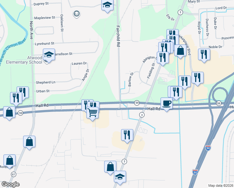 map of restaurants, bars, coffee shops, grocery stores, and more near 45215 Fairchild Road in Macomb