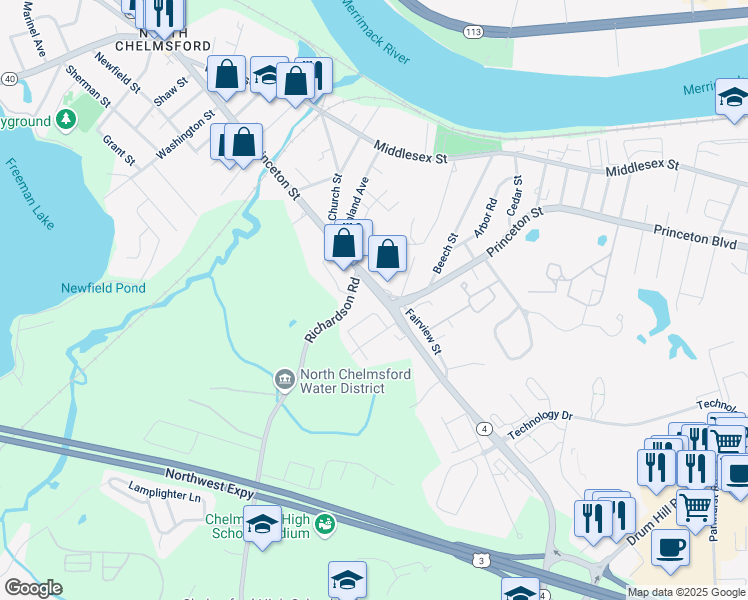 map of restaurants, bars, coffee shops, grocery stores, and more near 189 Princeton Street in Chelmsford