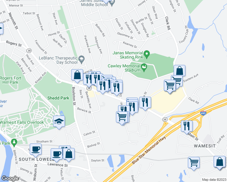 map of restaurants, bars, coffee shops, grocery stores, and more near 39 Whitehead Avenue in Lowell