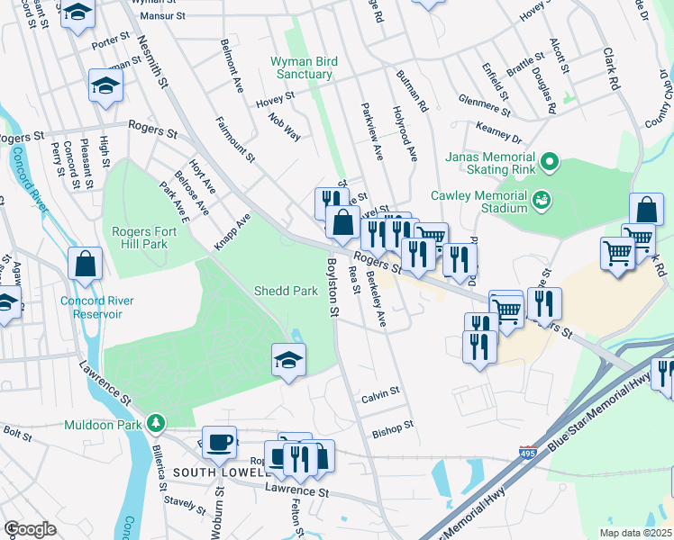 map of restaurants, bars, coffee shops, grocery stores, and more near 11 Rea Street in Lowell