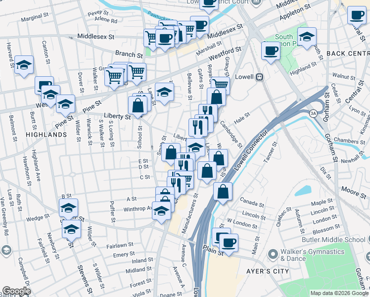 map of restaurants, bars, coffee shops, grocery stores, and more near 23 Arthur Street in Lowell