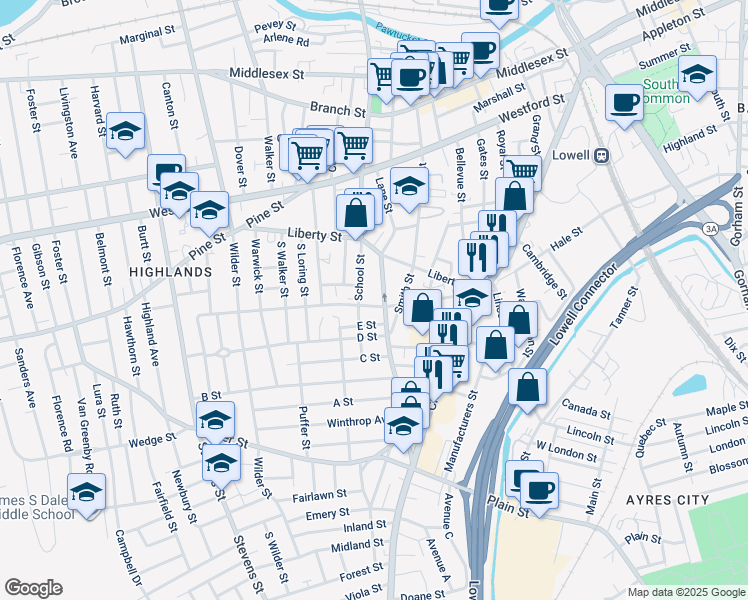 map of restaurants, bars, coffee shops, grocery stores, and more near 698 School Street in Lowell