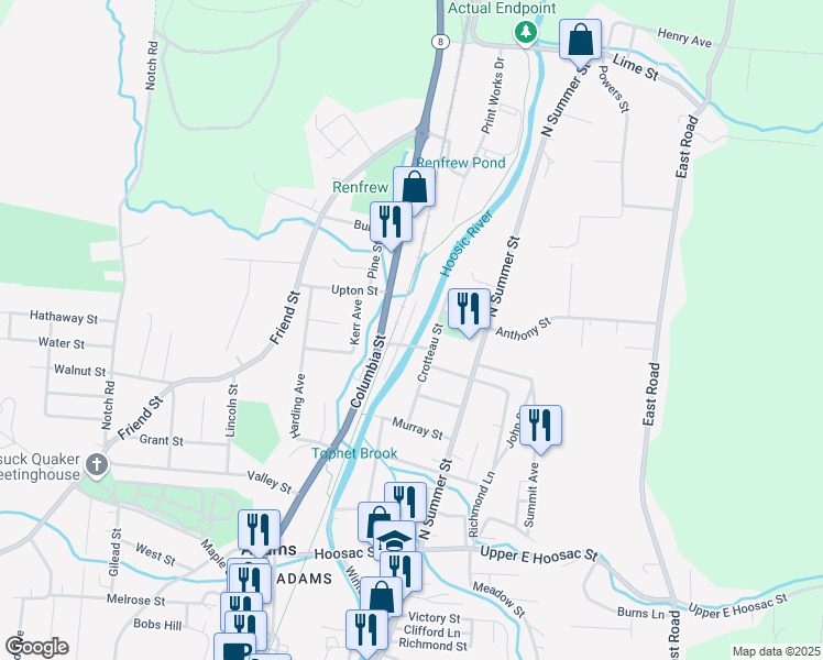 map of restaurants, bars, coffee shops, grocery stores, and more near 15 Albert St in Adams