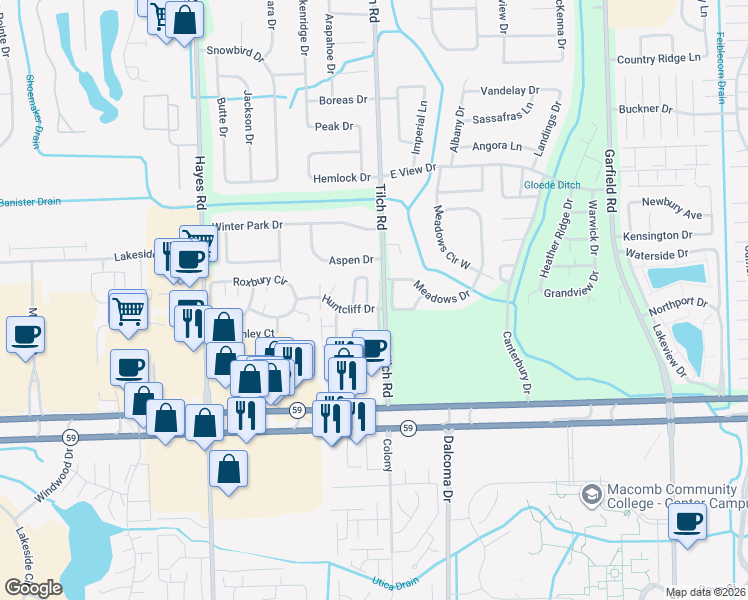 map of restaurants, bars, coffee shops, grocery stores, and more near 45503 Essex Drive in Macomb