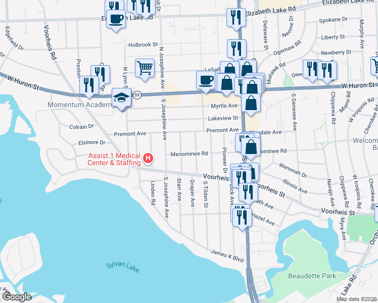 map of restaurants, bars, coffee shops, grocery stores, and more near 115 Draper Avenue in Waterford Township