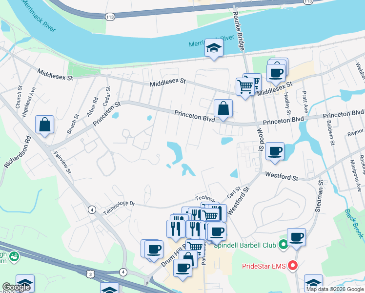 map of restaurants, bars, coffee shops, grocery stores, and more near 141 Cashin Street in Lowell