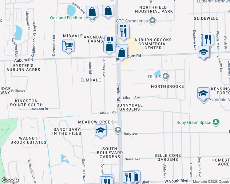 map of restaurants, bars, coffee shops, grocery stores, and more near 3250 Crooks Rd in Rochester Hills