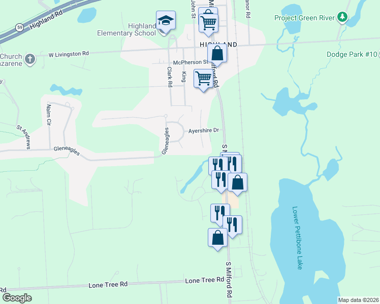 map of restaurants, bars, coffee shops, grocery stores, and more near 723 Berwick Court in Highland Charter Township