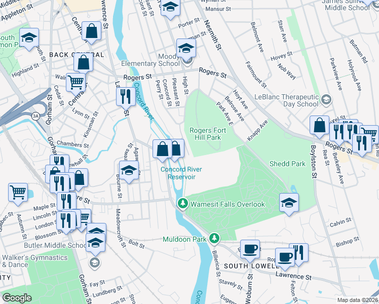 map of restaurants, bars, coffee shops, grocery stores, and more near 106 Park Avenue West in Lowell