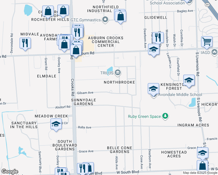 map of restaurants, bars, coffee shops, grocery stores, and more near 3278 Gilsam Court in Rochester Hills