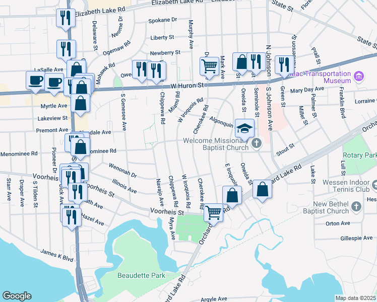 map of restaurants, bars, coffee shops, grocery stores, and more near 154 Cherokee Road in Pontiac