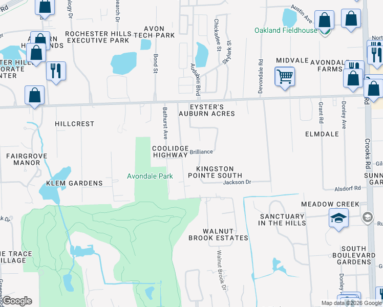 map of restaurants, bars, coffee shops, grocery stores, and more near 2601 Brilliance in Rochester Hills