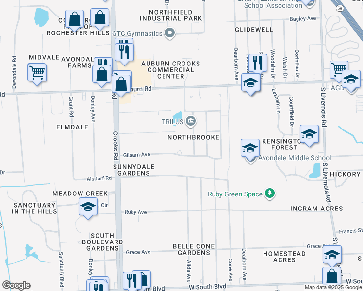 map of restaurants, bars, coffee shops, grocery stores, and more near 3278 Gilsam Court in Rochester Hills