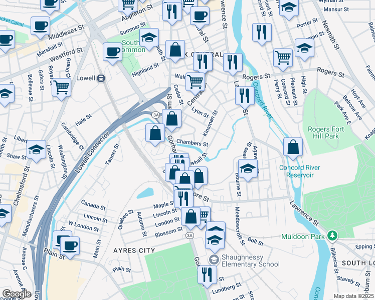 map of restaurants, bars, coffee shops, grocery stores, and more near 28 Livingston Street in Lowell