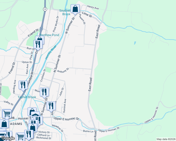 map of restaurants, bars, coffee shops, grocery stores, and more near 2-10 Anthony Street in Adams