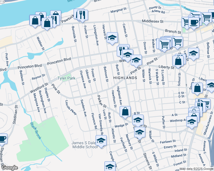 map of restaurants, bars, coffee shops, grocery stores, and more near 85 Belmont Street in Lowell