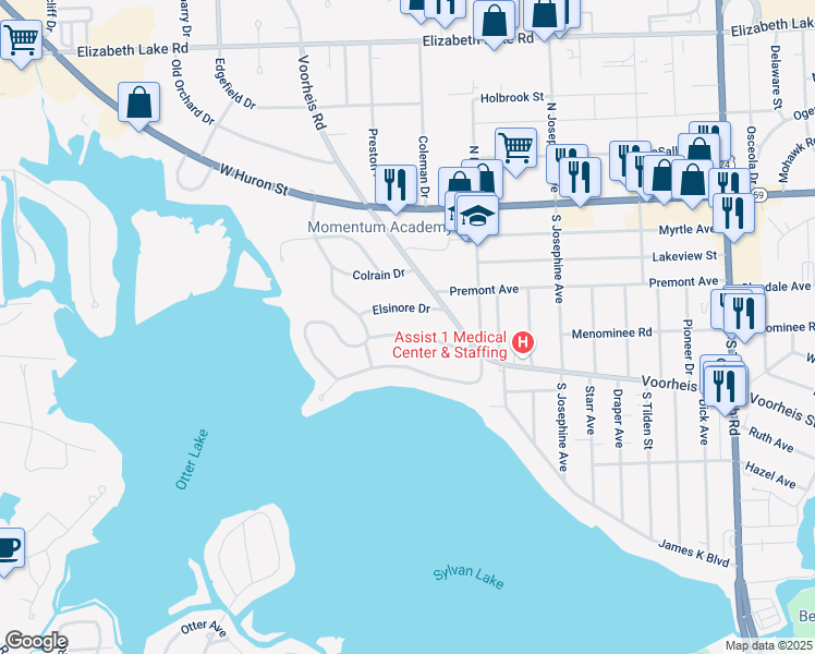 map of restaurants, bars, coffee shops, grocery stores, and more near 2648 Woodbine Drive in Waterford Township