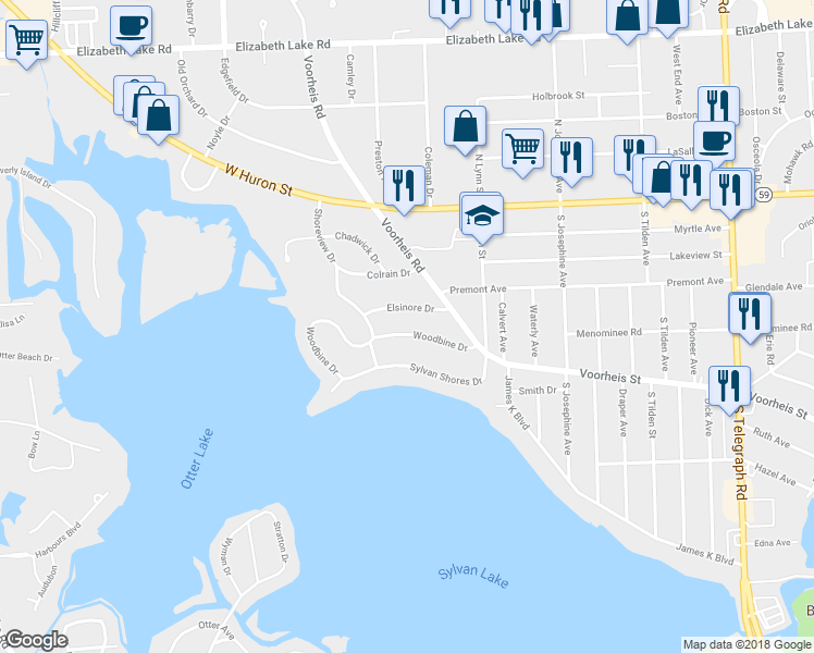 map of restaurants, bars, coffee shops, grocery stores, and more near 2648 Woodbine Drive in Waterford Township
