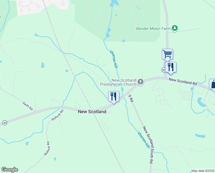 map of restaurants, bars, coffee shops, grocery stores, and more near 7-27 Youmans Road in Slingerlands