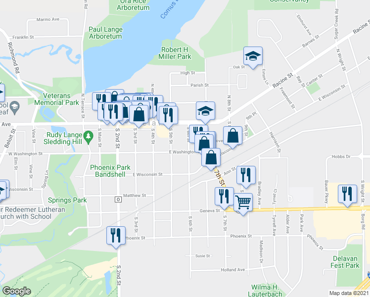 map of restaurants, bars, coffee shops, grocery stores, and more near 134 South 6th Street in Delavan