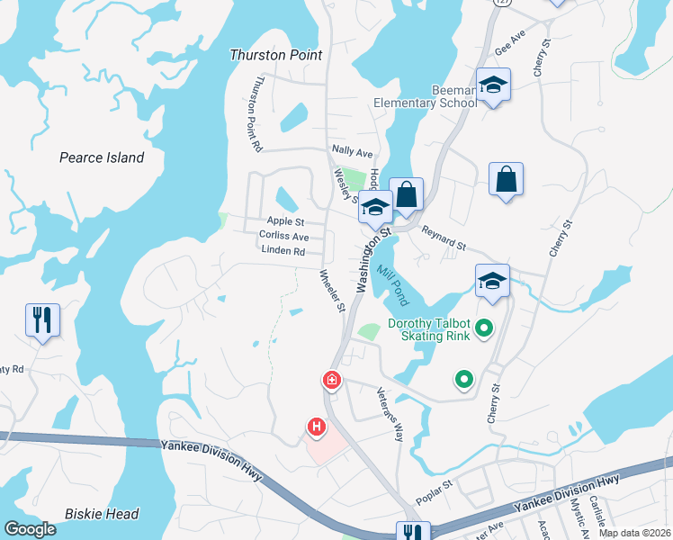 map of restaurants, bars, coffee shops, grocery stores, and more near 27R Wheeler Street in Gloucester