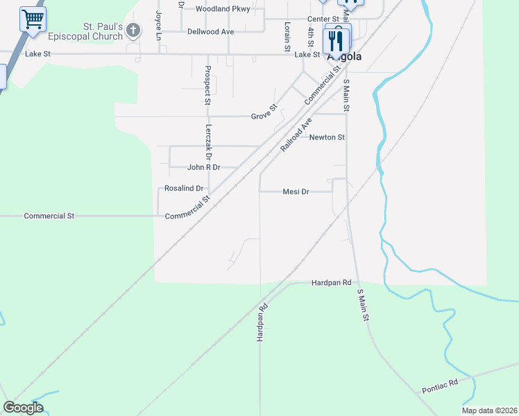 map of restaurants, bars, coffee shops, grocery stores, and more near 58 Railroad Avenue in Angola