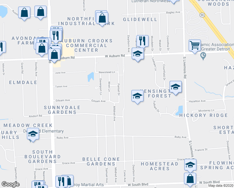 map of restaurants, bars, coffee shops, grocery stores, and more near 3253 Fantail Drive in Rochester Hills