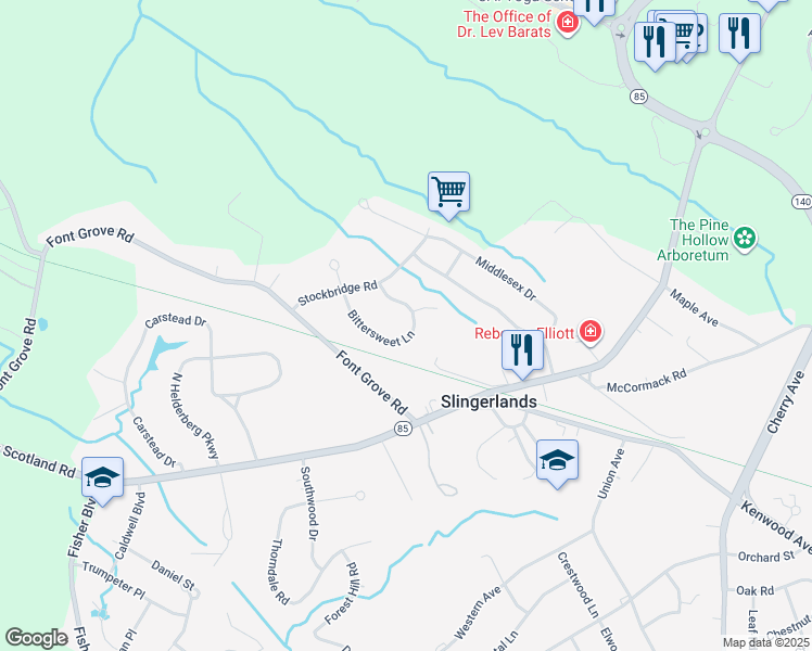 map of restaurants, bars, coffee shops, grocery stores, and more near 50 Bittersweet Lane in Slingerlands