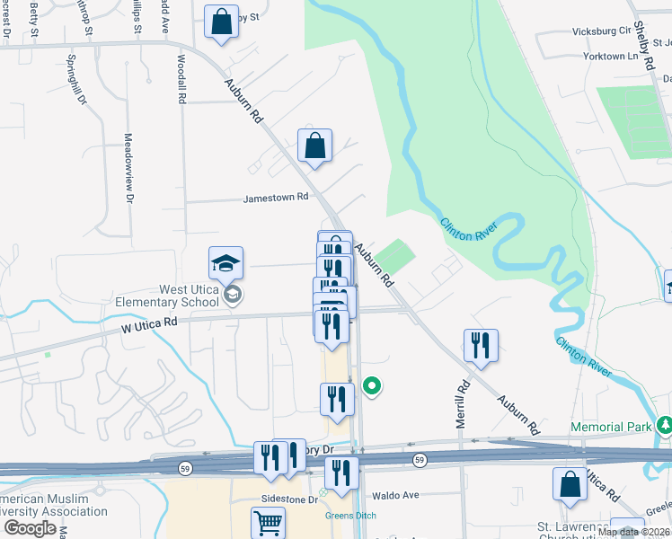 map of restaurants, bars, coffee shops, grocery stores, and more near 45887 Mound Road in Shelby Charter Township