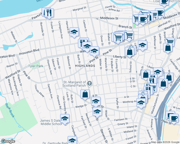 map of restaurants, bars, coffee shops, grocery stores, and more near 20 Light Avenue in Lowell
