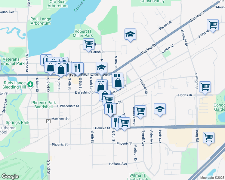 map of restaurants, bars, coffee shops, grocery stores, and more near 725 East Wisconsin Street in Delavan