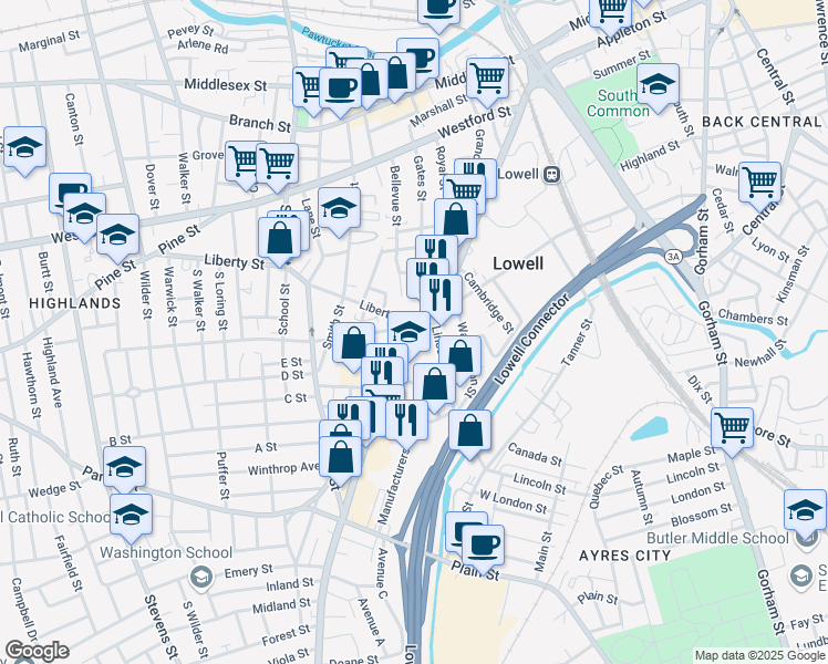 map of restaurants, bars, coffee shops, grocery stores, and more near 300 Chelmsford Street in Lowell