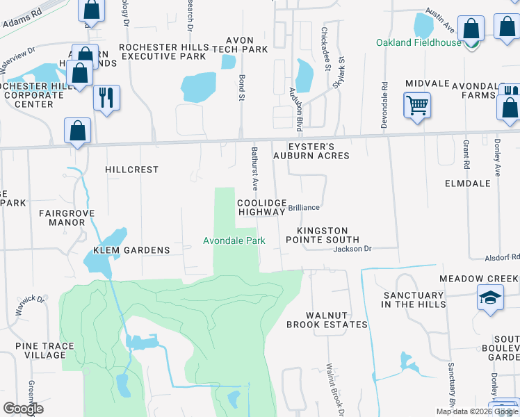 map of restaurants, bars, coffee shops, grocery stores, and more near 3269 Bathurst Avenue in Rochester Hills
