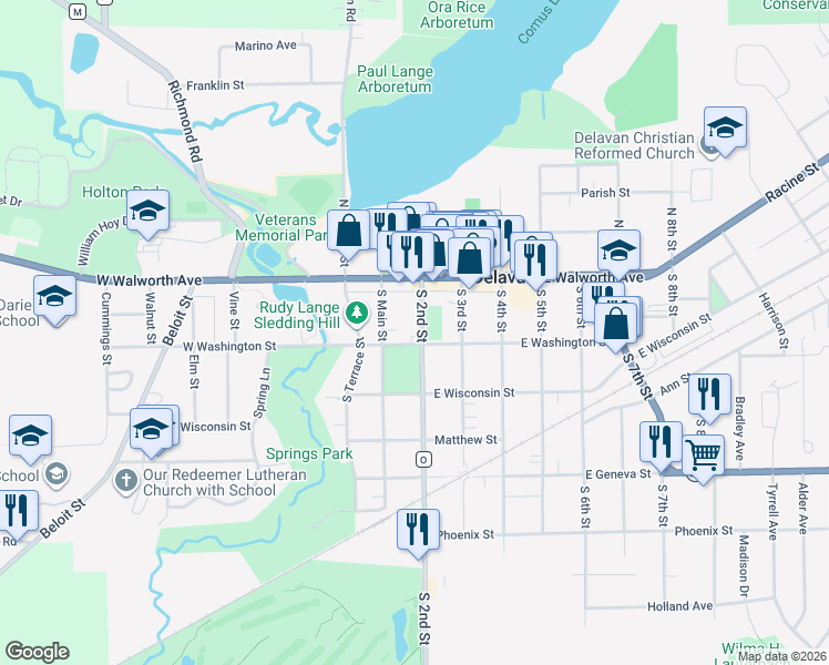 map of restaurants, bars, coffee shops, grocery stores, and more near 128 County Road O in Delavan