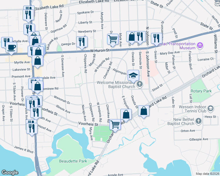map of restaurants, bars, coffee shops, grocery stores, and more near 174 Ottawa Drive in Pontiac