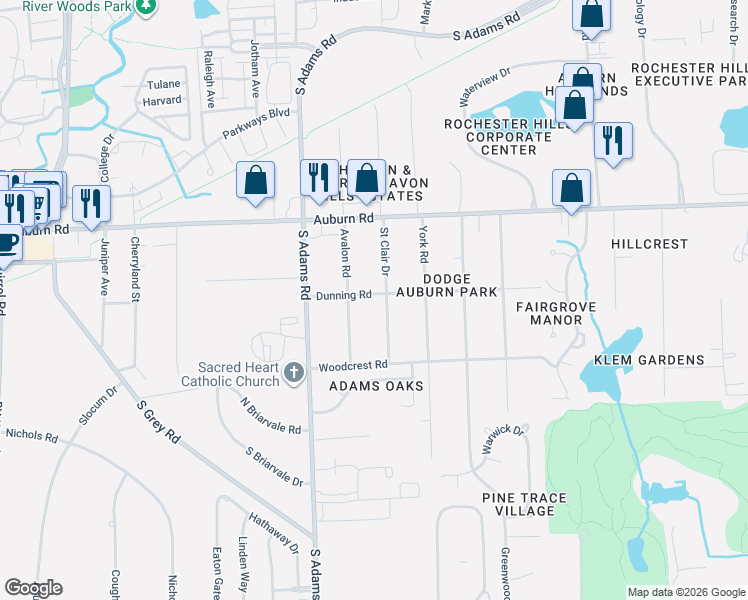 map of restaurants, bars, coffee shops, grocery stores, and more near 3821 Dunning Road in Rochester Hills