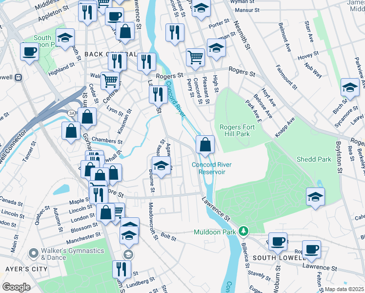 map of restaurants, bars, coffee shops, grocery stores, and more near 7 Whipple Street in Lowell