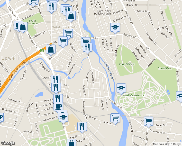 map of restaurants, bars, coffee shops, grocery stores, and more near 27 Andrews Street in Lowell