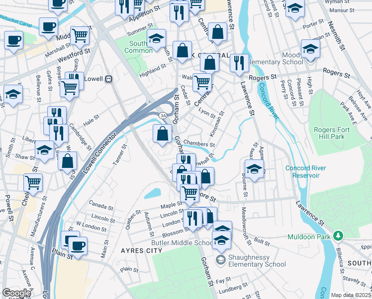 map of restaurants, bars, coffee shops, grocery stores, and more near 762 Gorham Street in Lowell