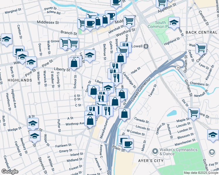 map of restaurants, bars, coffee shops, grocery stores, and more near 299 Chelmsford Street in Lowell