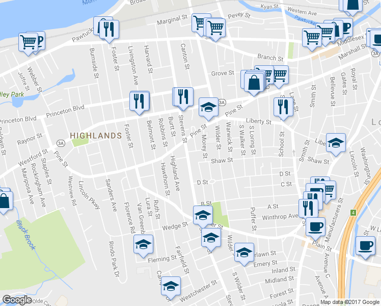 map of restaurants, bars, coffee shops, grocery stores, and more near in Lowell