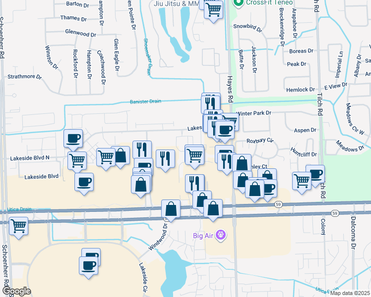 map of restaurants, bars, coffee shops, grocery stores, and more near 45595 Brattle Avenue in Shelby Township
