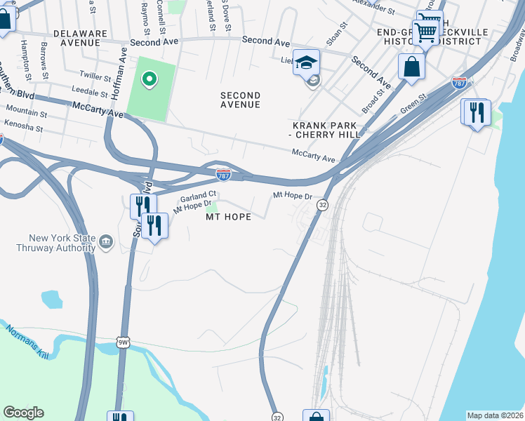 map of restaurants, bars, coffee shops, grocery stores, and more near 123 Mount Hope Drive in Albany