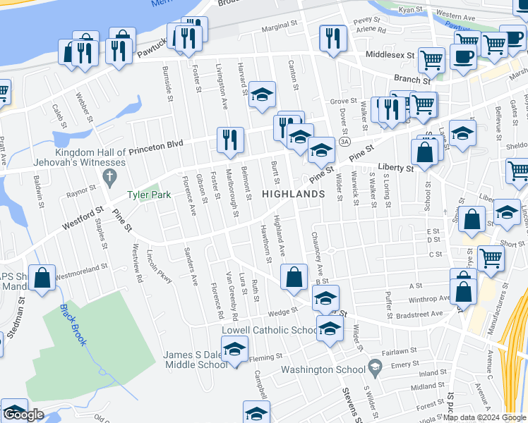 map of restaurants, bars, coffee shops, grocery stores, and more near 75 Robbins Street in Lowell