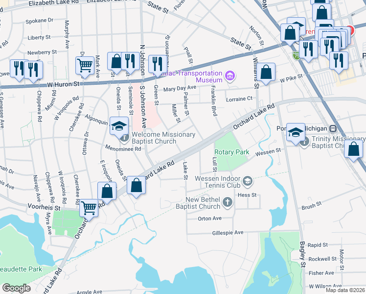 map of restaurants, bars, coffee shops, grocery stores, and more near 177 Green St in Pontiac