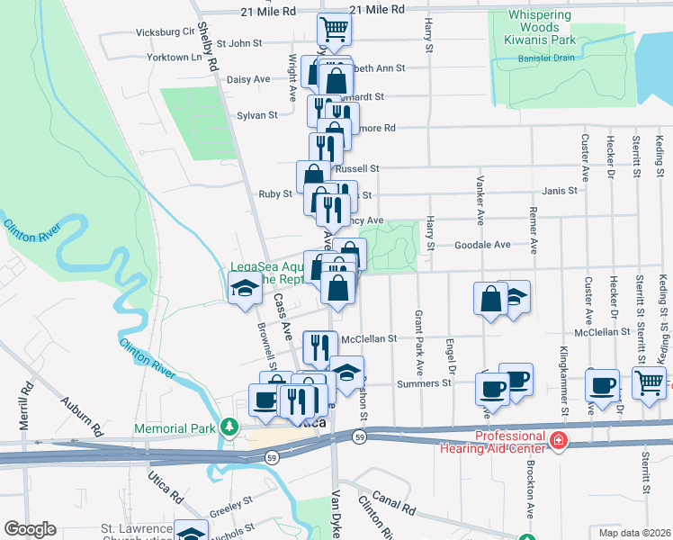 map of restaurants, bars, coffee shops, grocery stores, and more near 45616 Van Dyke Avenue in Utica