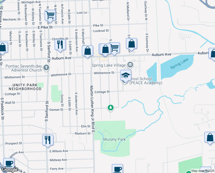 map of restaurants, bars, coffee shops, grocery stores, and more near 242 Russell Street in Pontiac