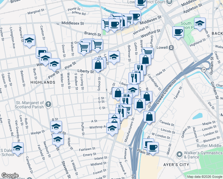 map of restaurants, bars, coffee shops, grocery stores, and more near 219 Smith Street in Lowell