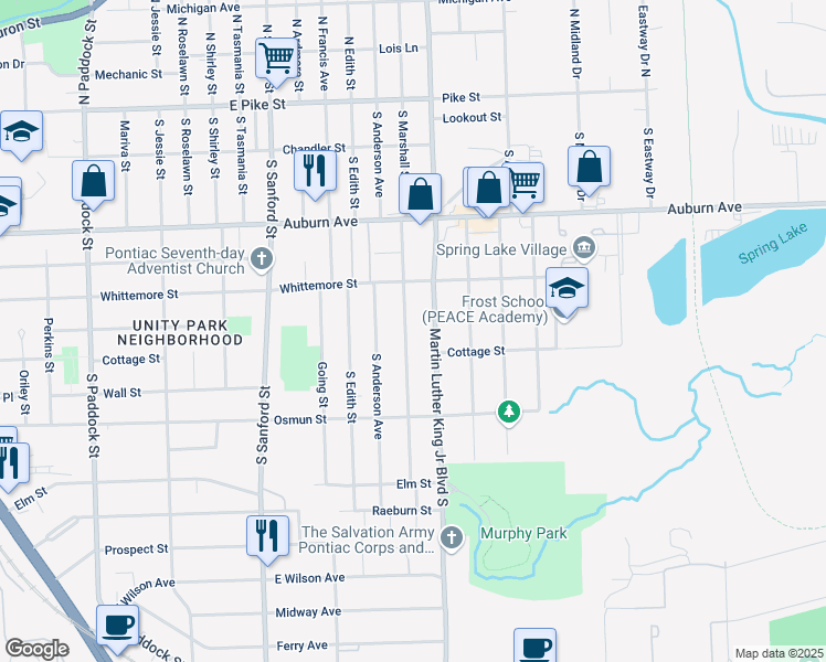 map of restaurants, bars, coffee shops, grocery stores, and more near 239 South Marshall Street in Pontiac